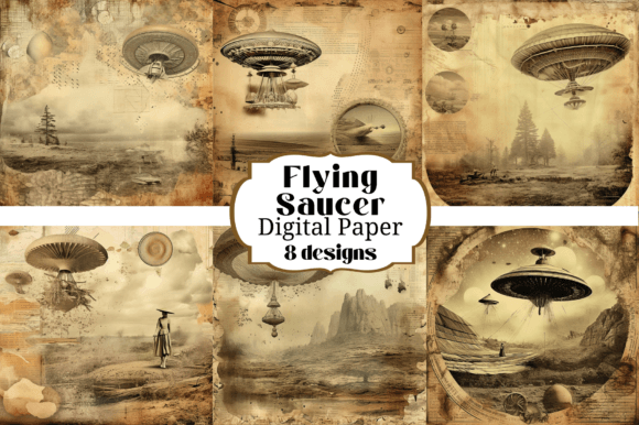 Download 8 Sepia Flying Saucer UFO Digital Papers - Flying saucer Collection